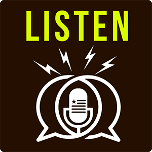Icon showing the word "Listen" above the Hacks & Wonks logo, which shows speach bubbles surrounding a microphone, and lightning bolts emanating from the microphone.